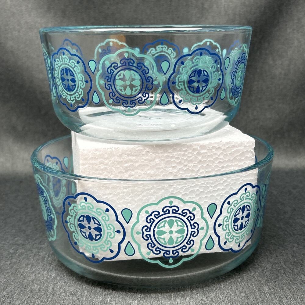 2pc Pyrex Medallion Glass Bowls Blue Turquoise Mixing Serving Storage 7201 7203